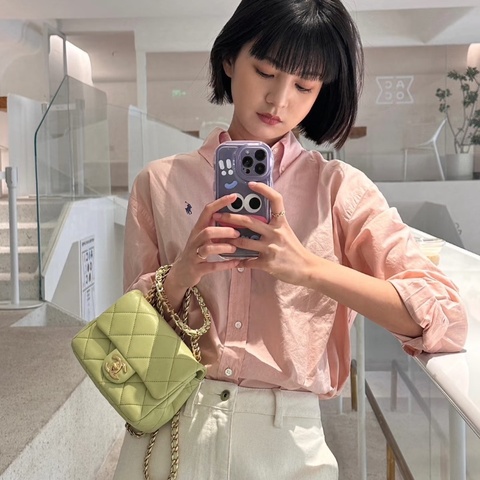 CHANEL酪梨綠圓環 手柄方胖子手提斜背包18*14*6 98新配件盒子塵袋卡冊