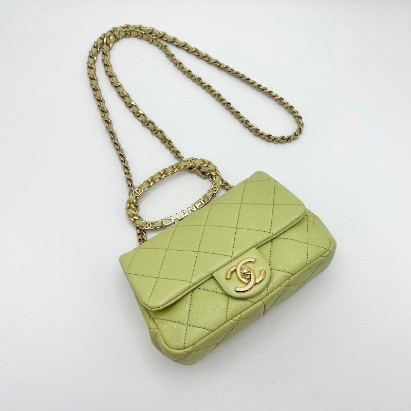 CHANEL酪梨綠圓環 手柄方胖子手提斜背包18*14*6 98新配件盒子塵袋卡冊-2