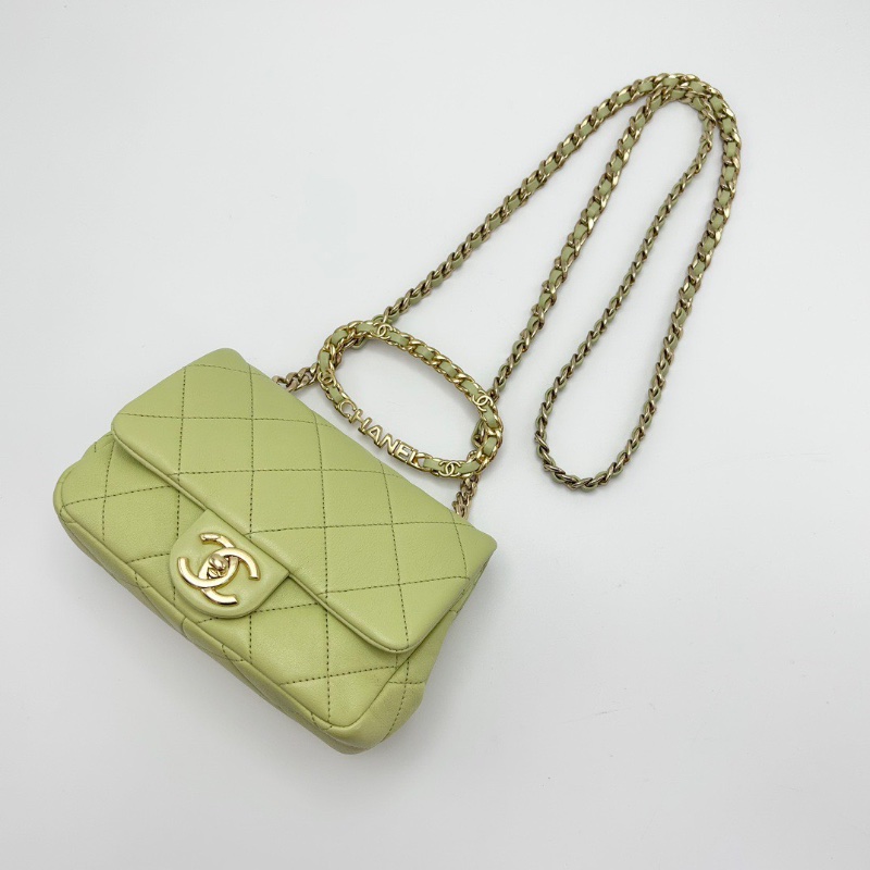 CHANEL酪梨綠圓環 手柄方胖子手提斜背包18*14*6 98新配件盒子塵袋卡冊-4