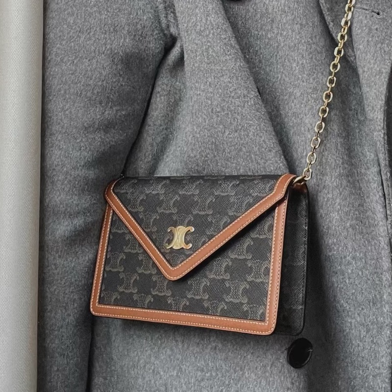 買到賺到✨99新🆕Celine賽琳triomphe老花焦糖拼色Woc信封包肩背包單肩斜挎包-0