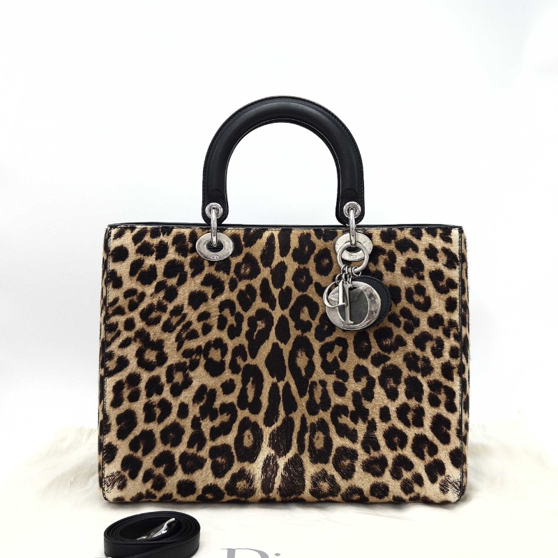 DIOR限量款馬毛豹紋七格黛妃手提肩背斜背包32*25*9 98新配件塵袋-1