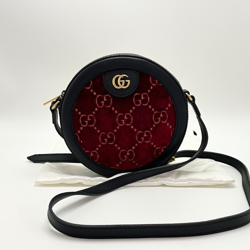 GUCCI 黑金紅絲絨拼皮肩背斜背圓餅包18.5*18*4.5 98新配件塵袋-1