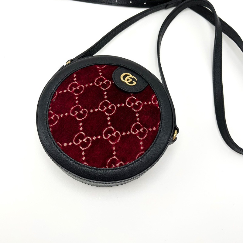 GUCCI 黑金紅絲絨拼皮肩背斜背圓餅包18.5*18*4.5 98新配件塵袋-3