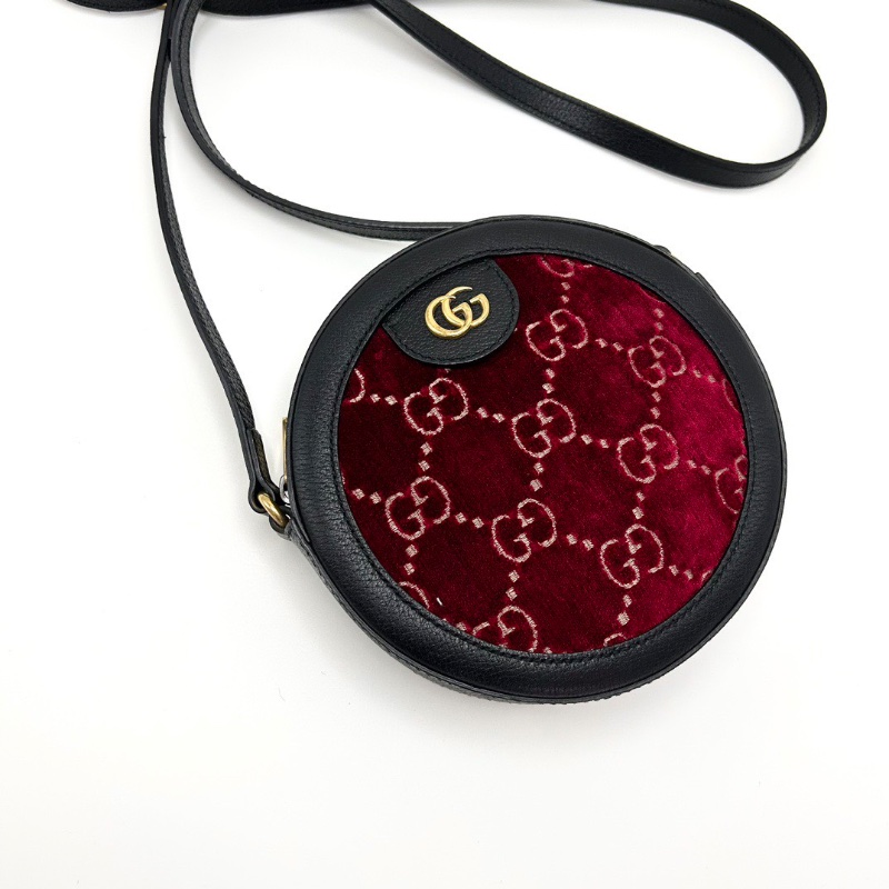 GUCCI 黑金紅絲絨拼皮肩背斜背圓餅包18.5*18*4.5 98新配件塵袋-5