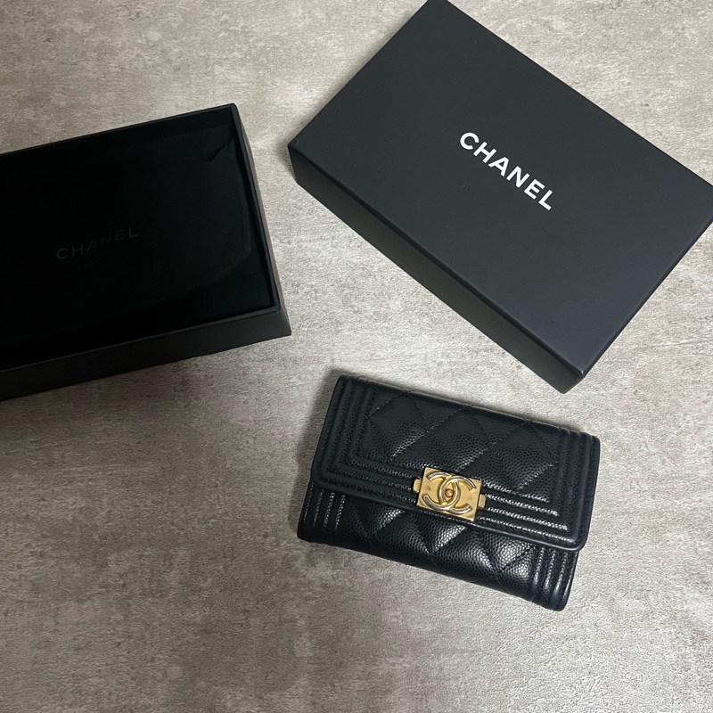 正品 Chanel boy荔枝皮黑金卡夾-0