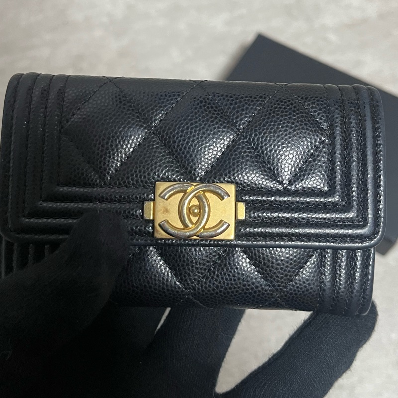 正品 Chanel boy荔枝皮黑金卡夾-10