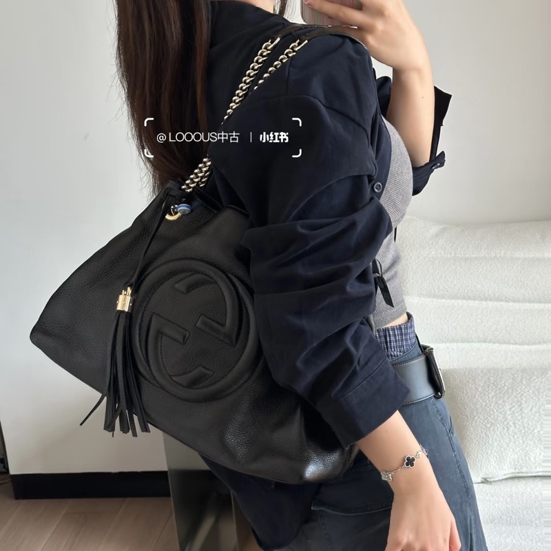 🈶購證 #超便宜💰 #荔枝皮 GUCCI SOHO流蘇包 黑淡金扣超質感✨🉑單肩🉑斜挎-1