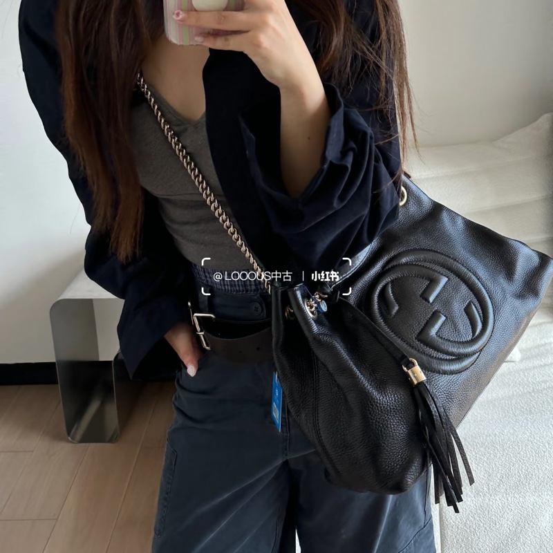 🈶購證 #超便宜💰 #荔枝皮 GUCCI SOHO流蘇包 黑淡金扣超質感✨🉑單肩🉑斜挎-4