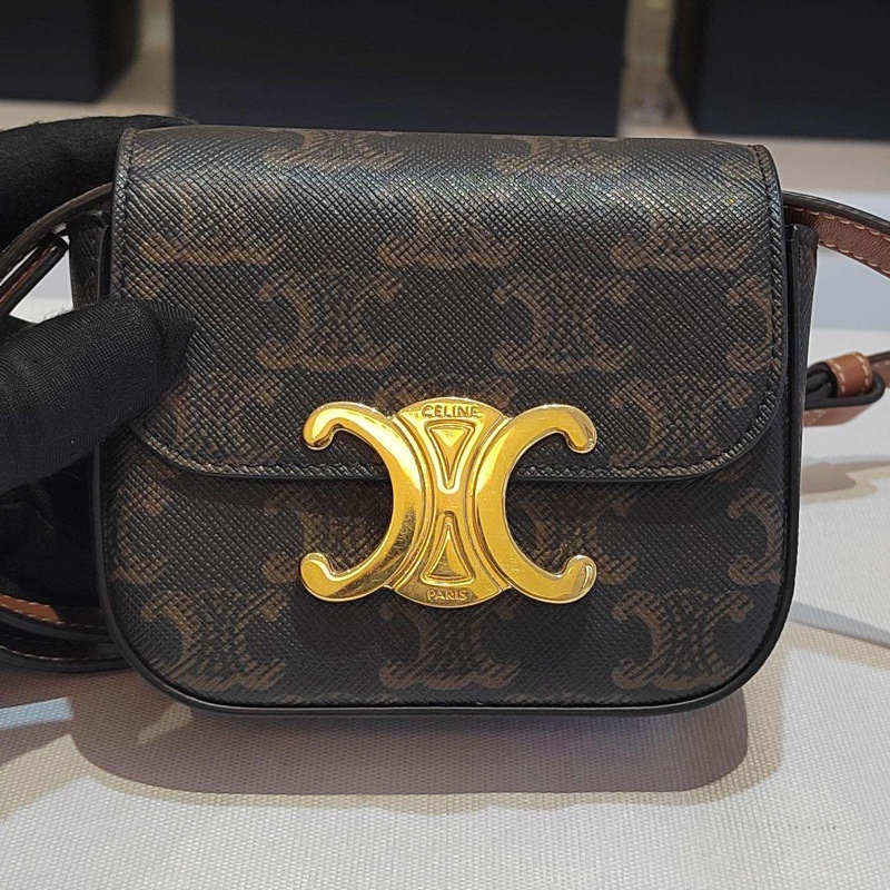 賽琳耳機包  Celine凱旋門mini老花斜挎包 黑棕色肩帶 金屬搭扣 尺寸：11.5×10🈚附件-0