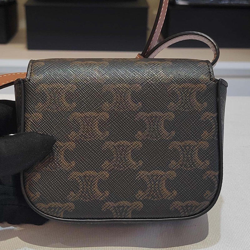 賽琳耳機包  Celine凱旋門mini老花斜挎包 黑棕色肩帶 金屬搭扣 尺寸：11.5×10🈚附件-1