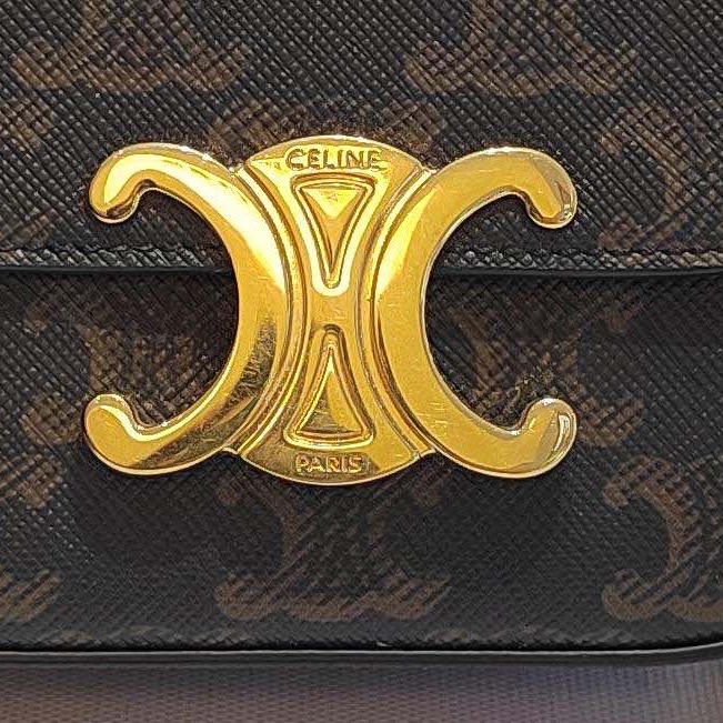 賽琳耳機包  Celine凱旋門mini老花斜挎包 黑棕色肩帶 金屬搭扣 尺寸：11.5×10🈚附件-7