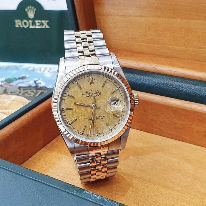 【大眾名錶】ROLEX 勞力士 16233 Datejust 經典款 太陽圈 金色布紋面盤 台灣AD 大眾名錶G221-3