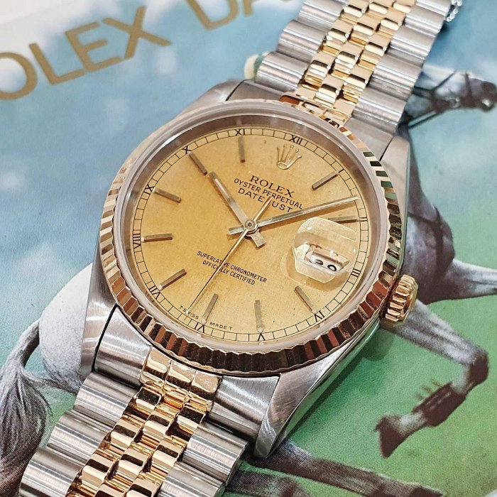 【大眾名錶】ROLEX 勞力士 16233 Datejust 經典款 太陽圈 金色布紋面盤 台灣AD 大眾名錶G221-8