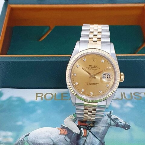 【大眾名錶】ROLEX勞力士 16233 Datejust 蠔式日誌 金色面盤 鑽石時標 錶徑36mm 大眾名錶G027