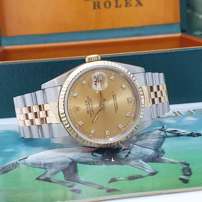 【大眾名錶】ROLEX勞力士 16233 Datejust 蠔式日誌 金色面盤 鑽石時標 錶徑36mm 大眾名錶G027-3