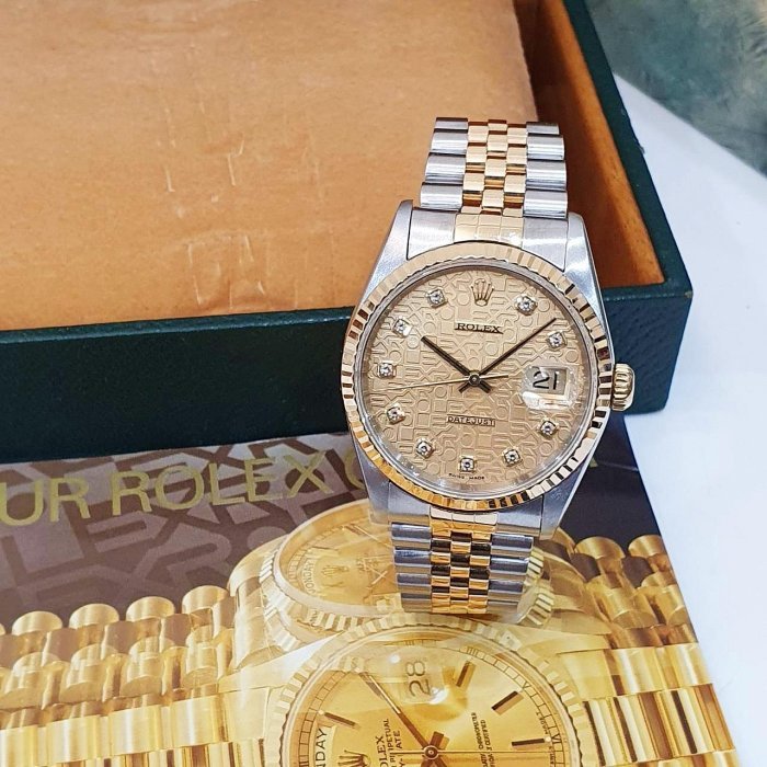 【大眾名錶】ROLEX 勞力士 16233 Datejust 經典太陽圈 新包台 金色十鑽紀念面盤 大眾名錶B1090-1