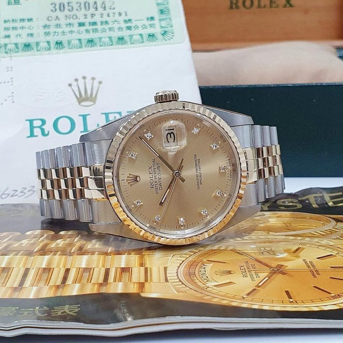 【大眾名錶】ROLEX勞力士 16233 Datejust 蠔式日誌 金十鑽面盤 台灣AD原廠底蓋貼紙 大眾名錶G089-4