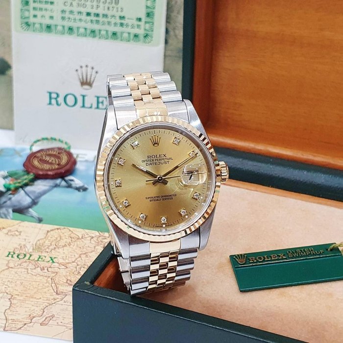 【大眾名錶】ROLEX勞力士 16233 Datejust 蠔式日誌 金十鑽面盤台灣AD 錶徑36mm 大眾名錶G188-3