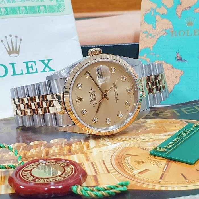 【大眾名錶】ROLEX勞力士 16233 Datejust 蠔式日誌 金色十鑽面盤 全配件 台灣AD 大眾名錶G026-1