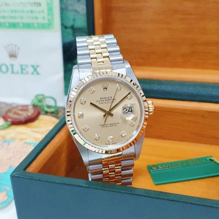 【大眾名錶】ROLEX勞力士 16233 Datejust 蠔式日誌 金色十鑽面盤 全配件 台灣AD 大眾名錶G026-2