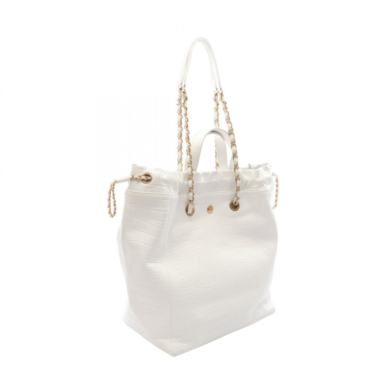 香奈兒 COCO 標誌壓花兩用手提包，白色皮革，金色五金，二手女款-1