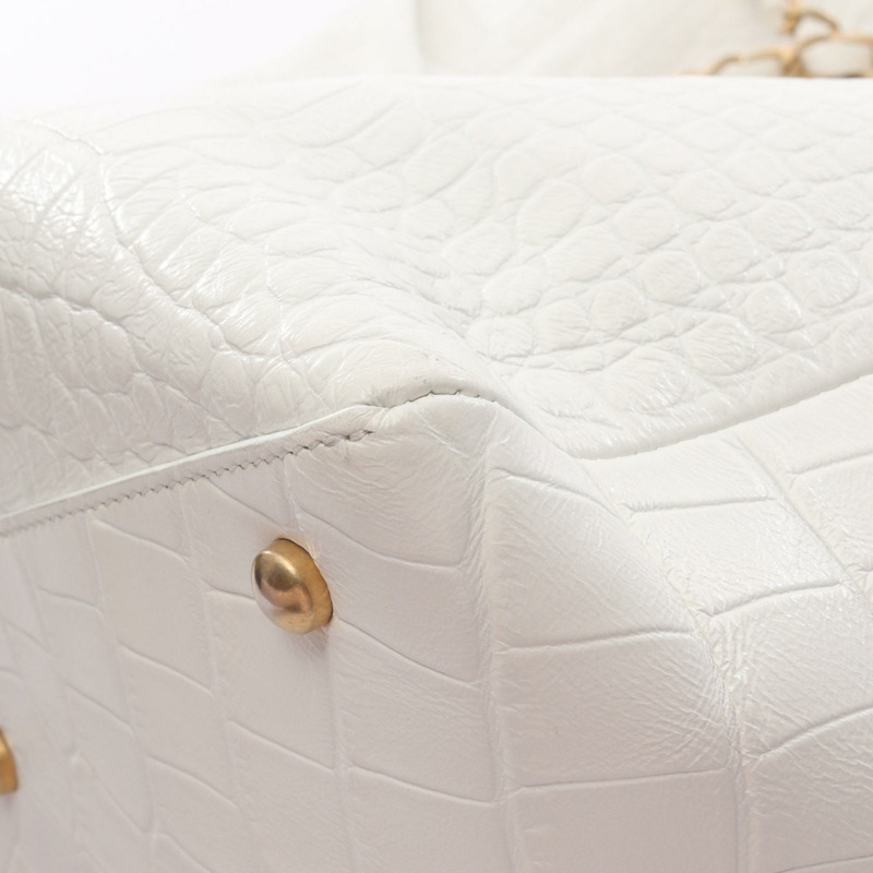 香奈兒 COCO 標誌壓花兩用手提包，白色皮革，金色五金，二手女款-6