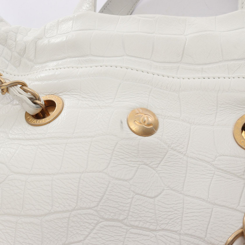 香奈兒 COCO 標誌壓花兩用手提包，白色皮革，金色五金，二手女款-9