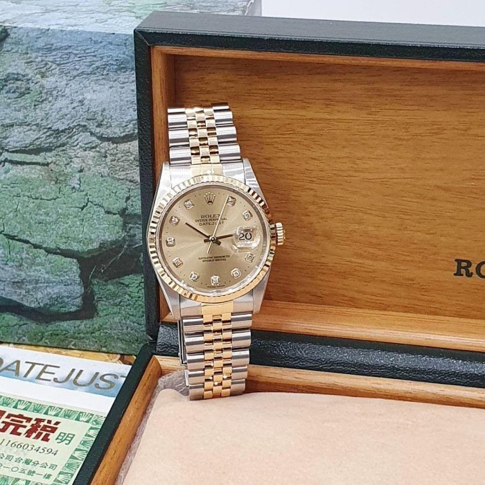 【大眾名錶】ROLEX 勞力士 16233 Datejust 經典蠔式 金十鑽面盤 新包台 台灣AD 大眾名錶G138-1