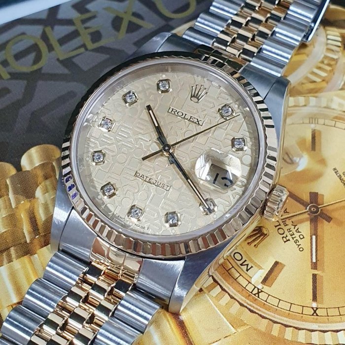 【大眾名錶】ROLEX勞力士 16233 Datejust 蠔式日誌 金色紀念面盤 鑽石時標原面未翻寫 大眾名錶B897-7