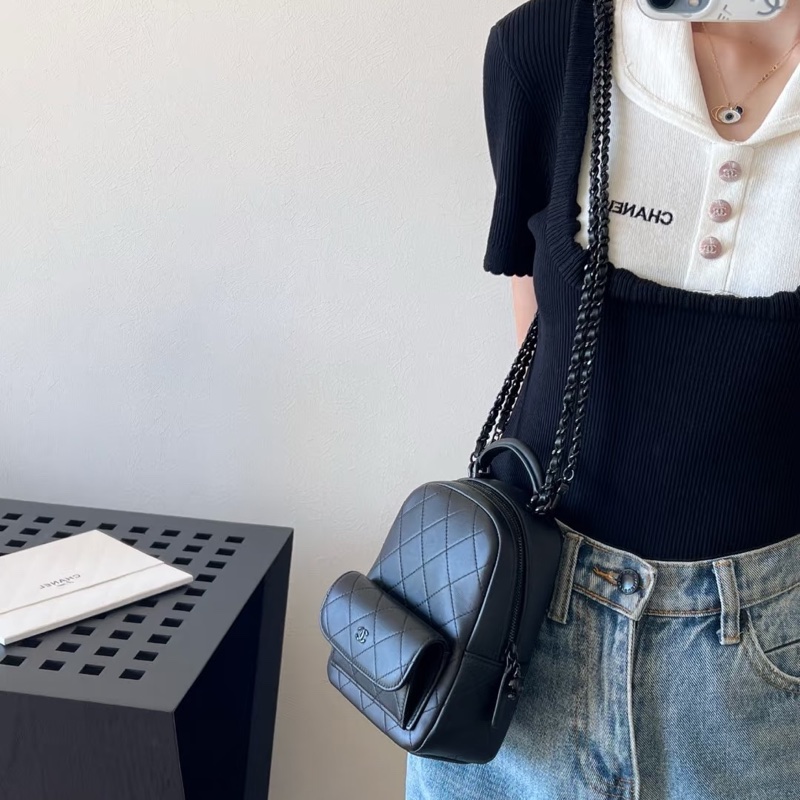 Chanel香奈兒25C so back mini後背包小書包全黑斜背包側背包手提包all black-16