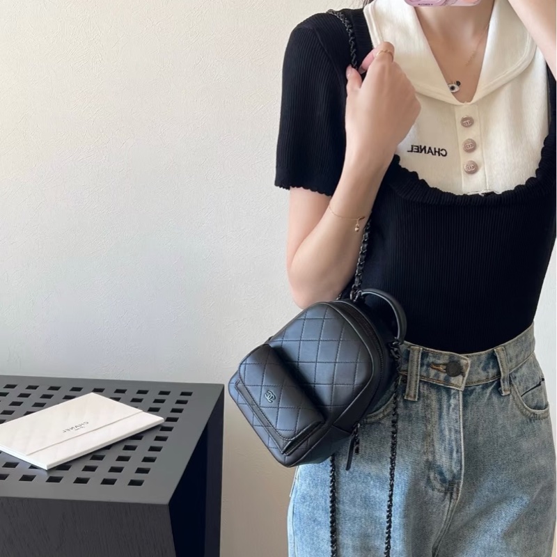 Chanel香奈兒25C so back mini後背包小書包全黑斜背包側背包手提包all black-17