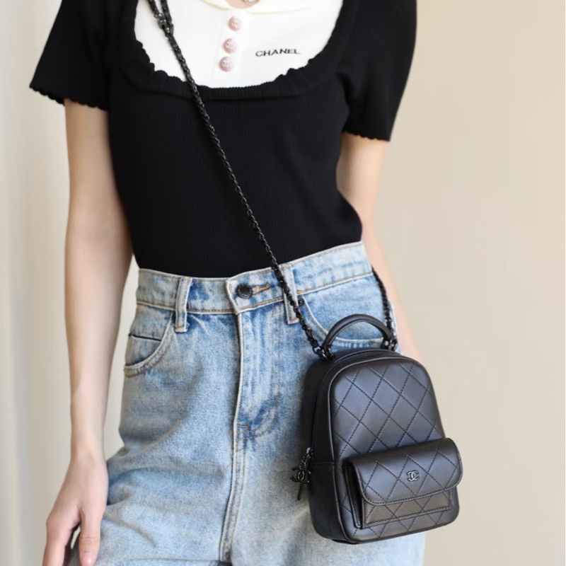 Chanel香奈兒25C so back mini後背包小書包全黑斜背包側背包手提包all black-18