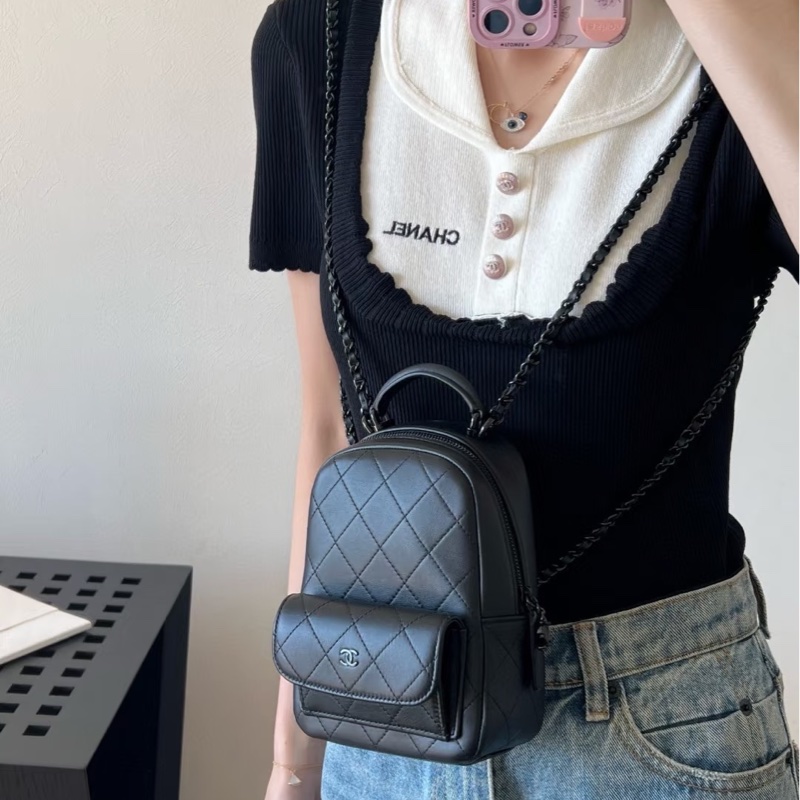 Chanel香奈兒25C so back mini後背包小書包全黑斜背包側背包手提包all black-19