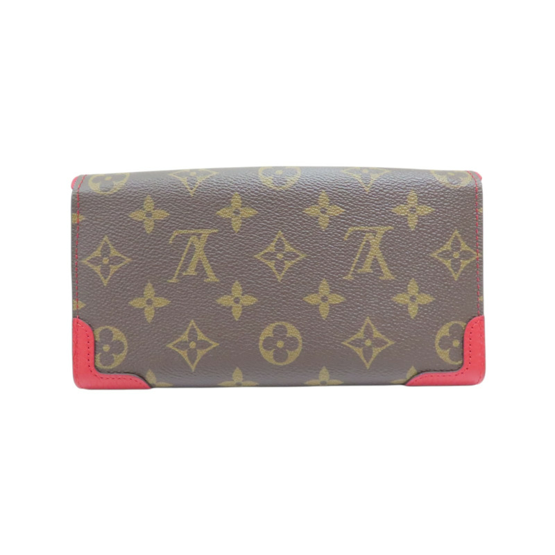 棕色/紅色 原花 PVC塗層帆布 扣式長夾【LOUIS VUITTON LV 路易威登】 M61184-1