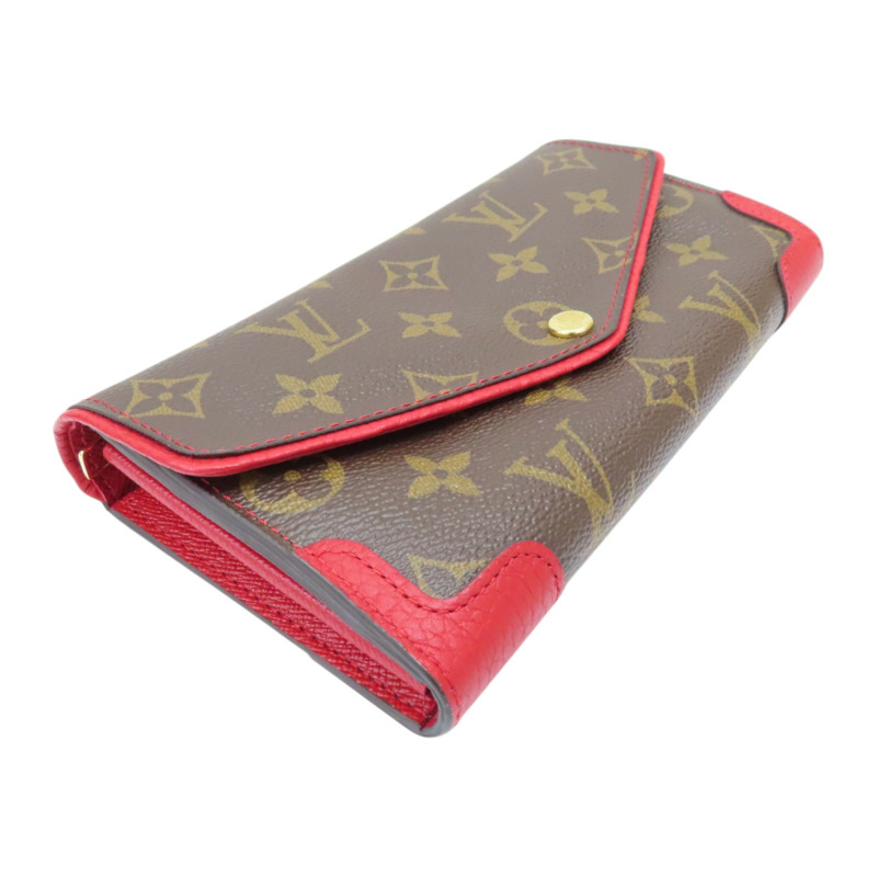 棕色/紅色 原花 PVC塗層帆布 扣式長夾【LOUIS VUITTON LV 路易威登】 M61184-2