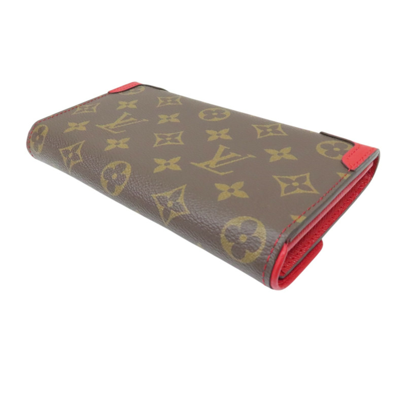 棕色/紅色 原花 PVC塗層帆布 扣式長夾【LOUIS VUITTON LV 路易威登】 M61184-3