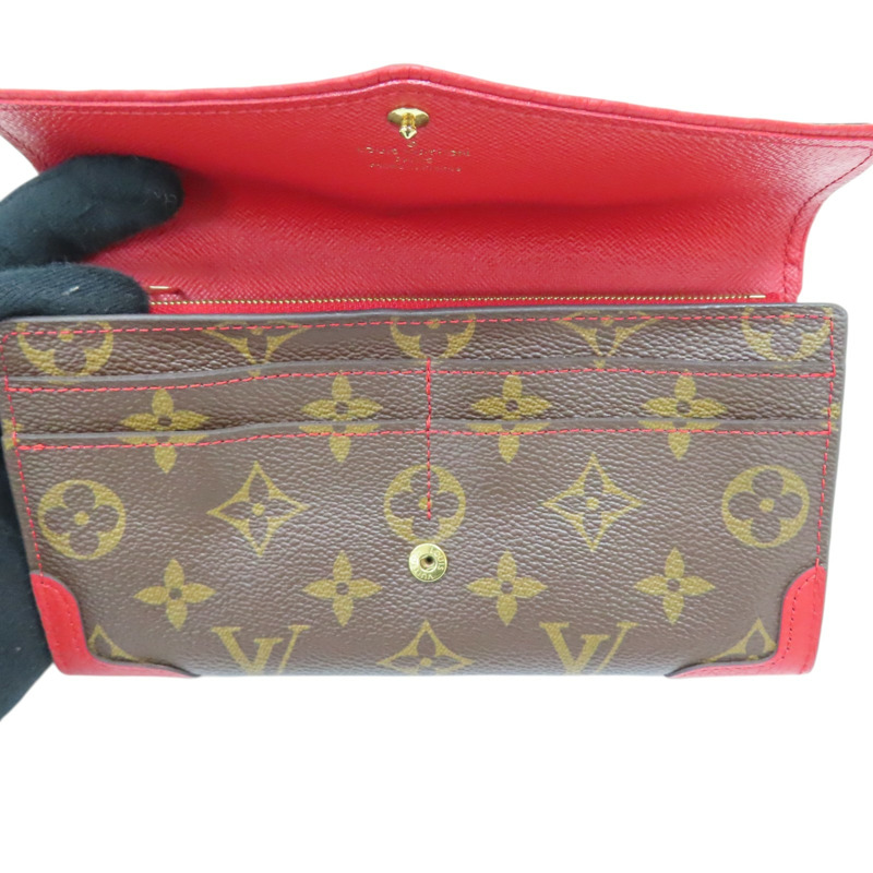 棕色/紅色 原花 PVC塗層帆布 扣式長夾【LOUIS VUITTON LV 路易威登】 M61184-4