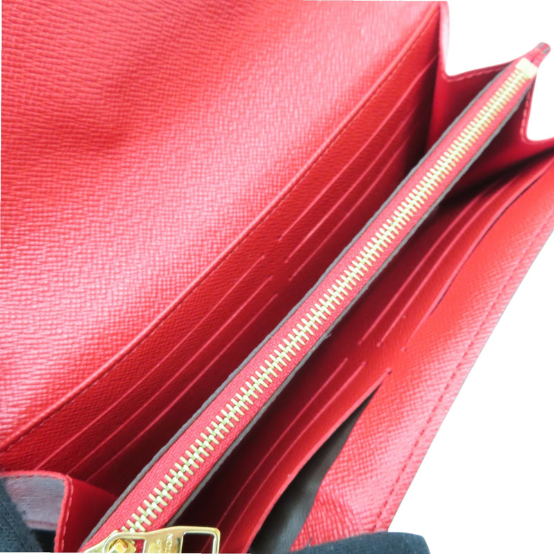 棕色/紅色 原花 PVC塗層帆布 扣式長夾【LOUIS VUITTON LV 路易威登】 M61184-5