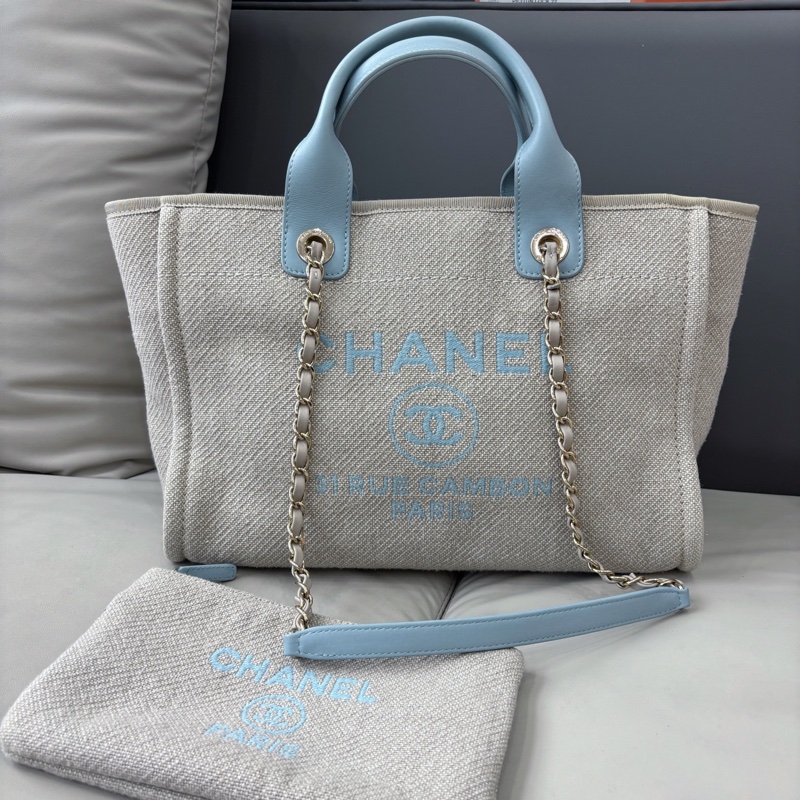 Chanel 22S 淺藍色babyblue拼亞麻帆布沙灘包，小號32×24，芯片款-0