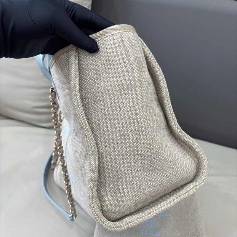 Chanel 22S 淺藍色babyblue拼亞麻帆布沙灘包，小號32×24，芯片款-2