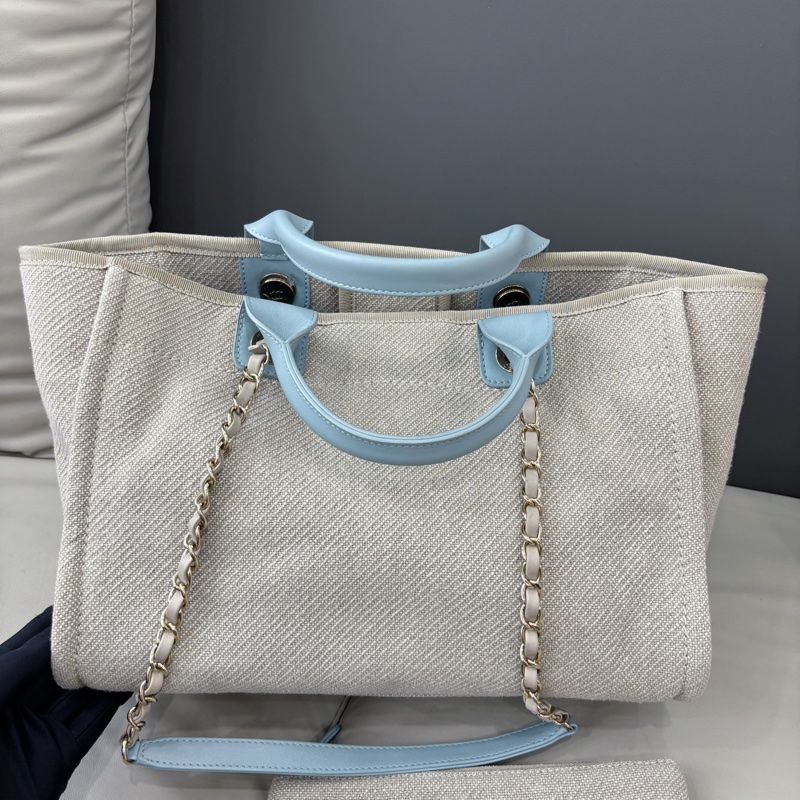 Chanel 22S 淺藍色babyblue拼亞麻帆布沙灘包，小號32×24，芯片款-3