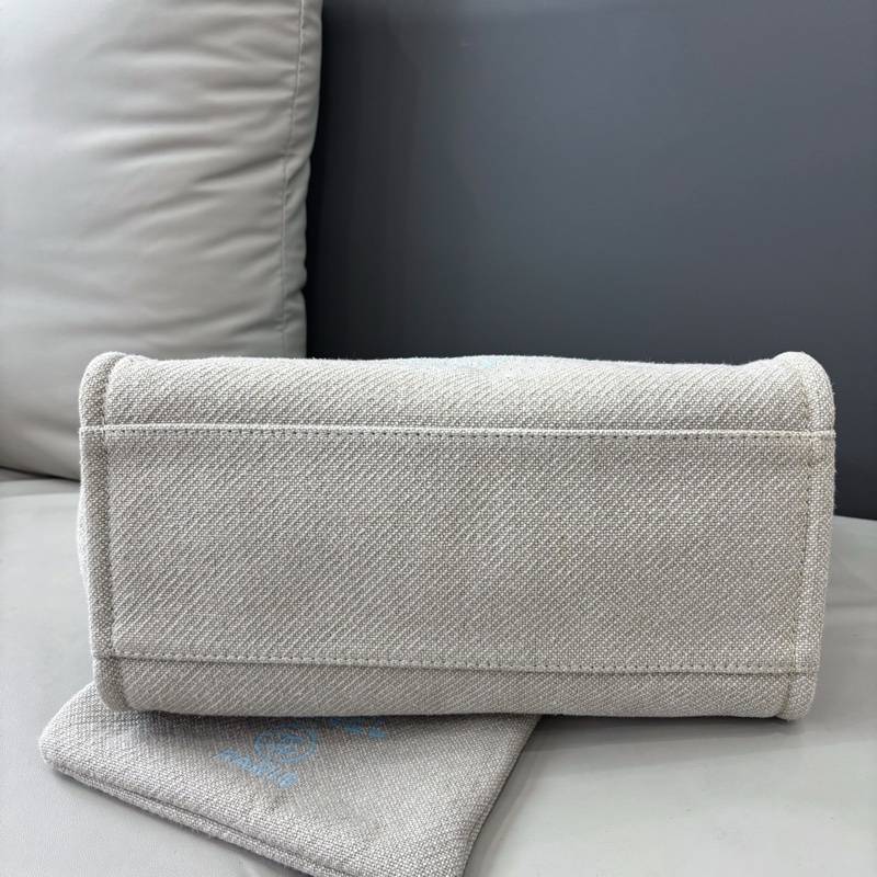 Chanel 22S 淺藍色babyblue拼亞麻帆布沙灘包，小號32×24，芯片款-4