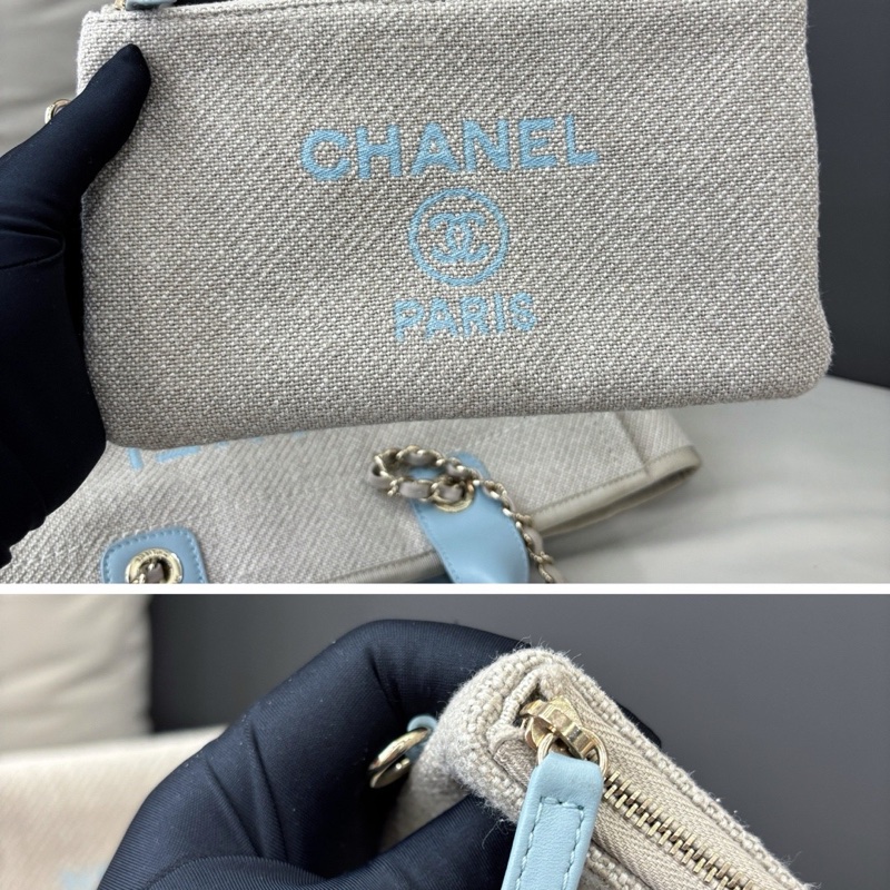 Chanel 22S 淺藍色babyblue拼亞麻帆布沙灘包，小號32×24，芯片款-7