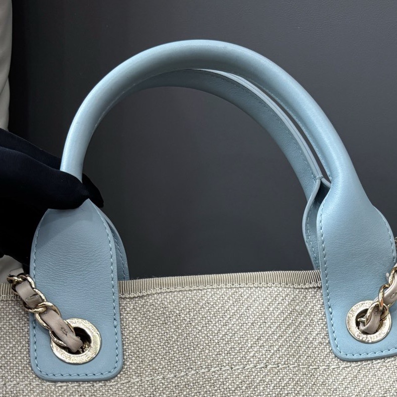 Chanel 22S 淺藍色babyblue拼亞麻帆布沙灘包，小號32×24，芯片款-9