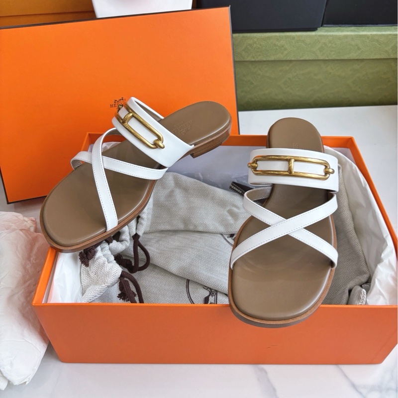 閒置新 愛馬仕Hermes 白色Claire豬鼻子平底涼鞋 35碼-5