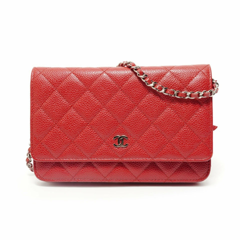 香奈兒 (Chanel) 魚子醬皮革鏈條皮夾絎縫肩背包 紅色