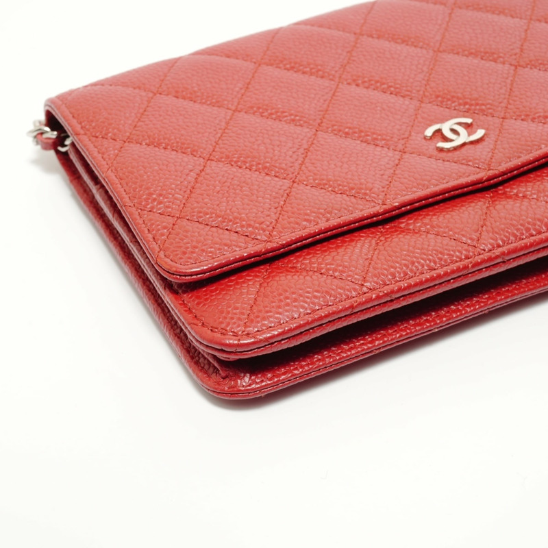 香奈兒 (Chanel) 魚子醬皮革鏈條皮夾絎縫肩背包 紅色-4