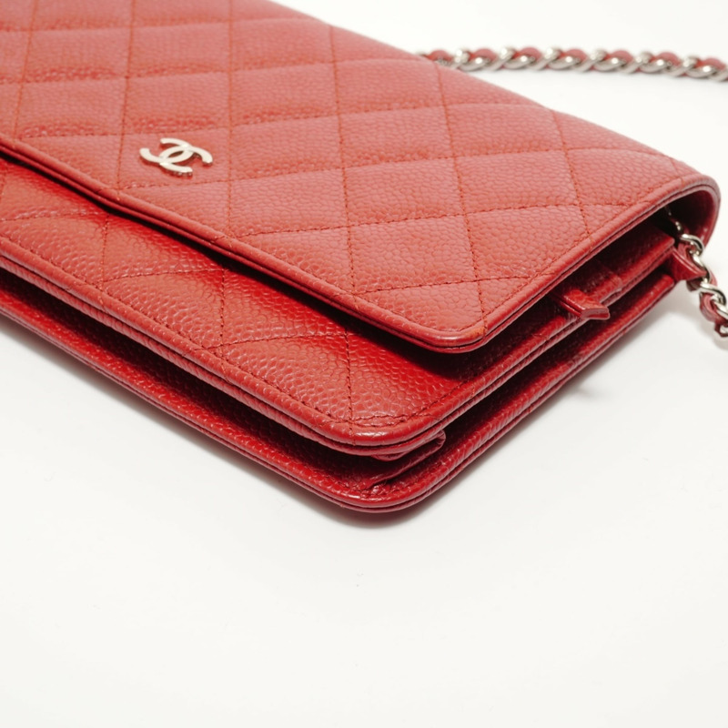 香奈兒 (Chanel) 魚子醬皮革鏈條皮夾絎縫肩背包 紅色-5