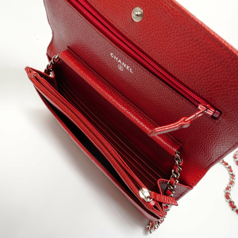 香奈兒 (Chanel) 魚子醬皮革鏈條皮夾絎縫肩背包 紅色-10