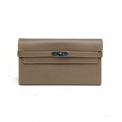 HERMES Kelly長款錢包18大象灰Epsom皮X刻銀扣